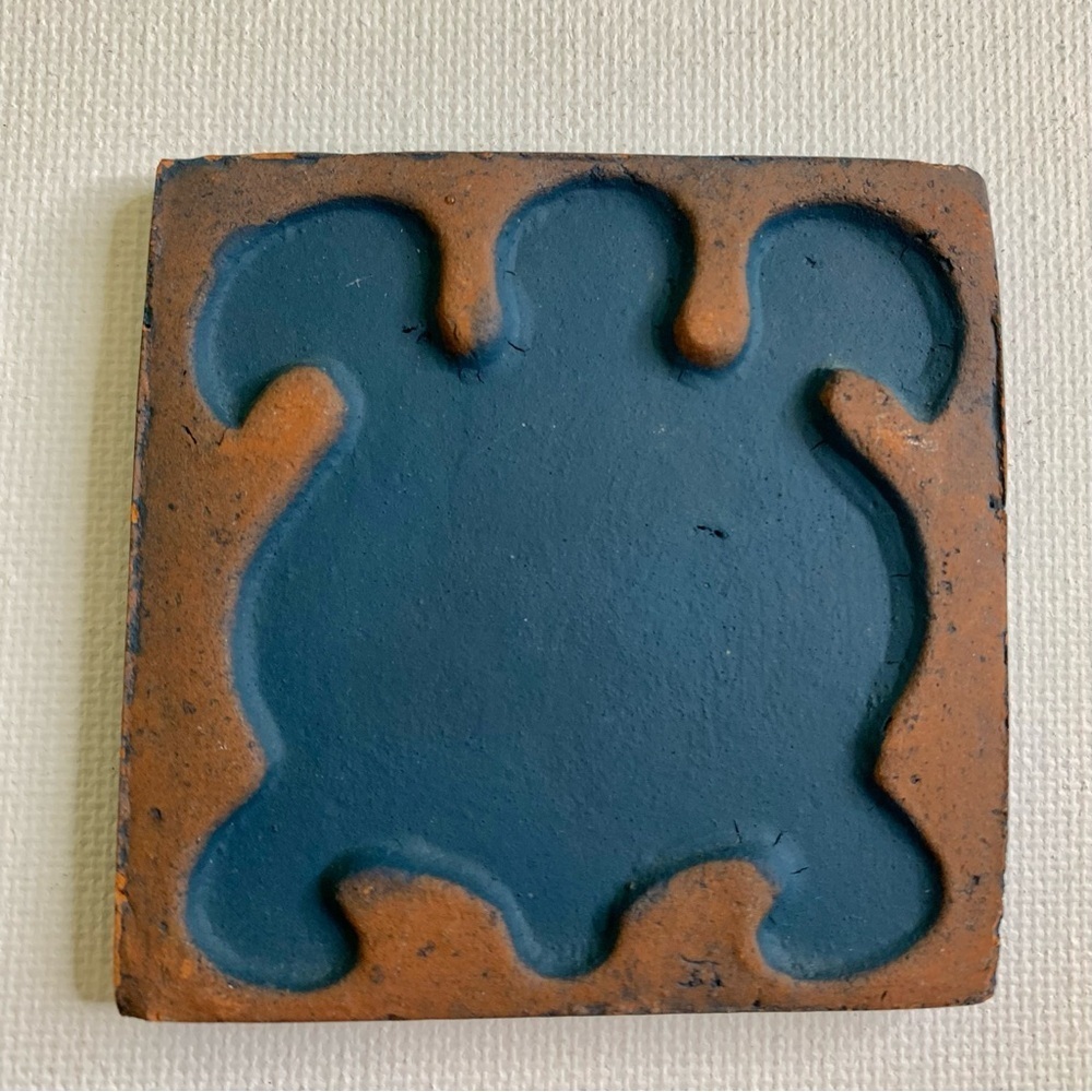 Moravian Pottery Tile SEA TURTLE Square Bucks Co PA Blue Terracotta Clay Signed